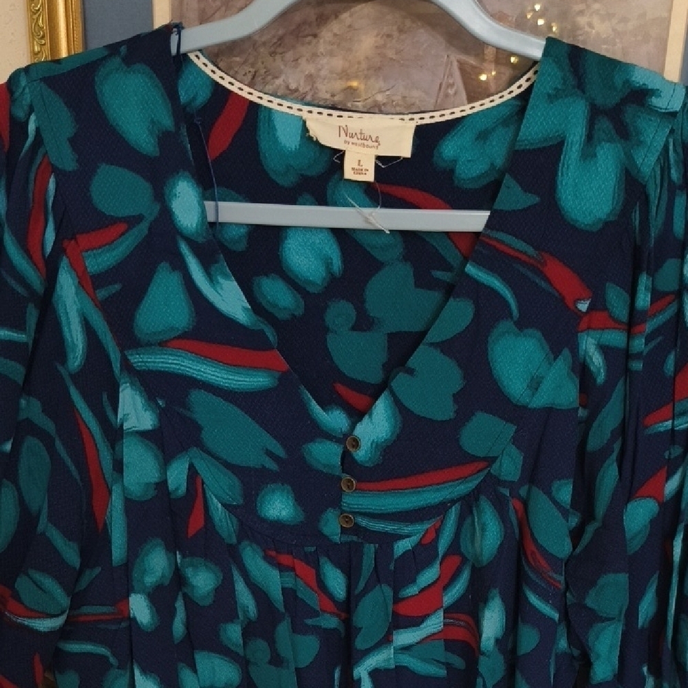 Teal and Red Floral Women's Blouse - Picture 4 of 14